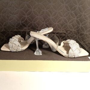 Silver Double Braid Square Toe Acrylic  Slip On Kitten Heels Sz 8…